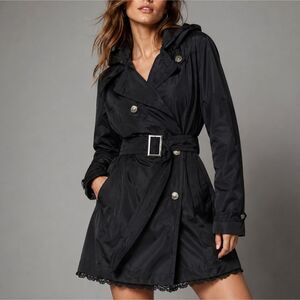 Betsey Johnson Black Hooded Trench Coat Belted Rose Lining Size S
